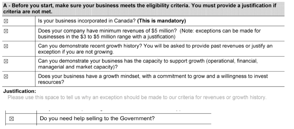 Lines from BTNX’s completed application to the Accelerated Growth Service.